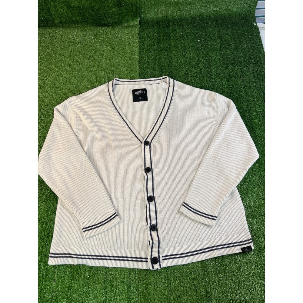 Hollister Mens XL Cream Ribbed Varsity Cardigan Navy Blue Stripe V-Neck Sweater‎